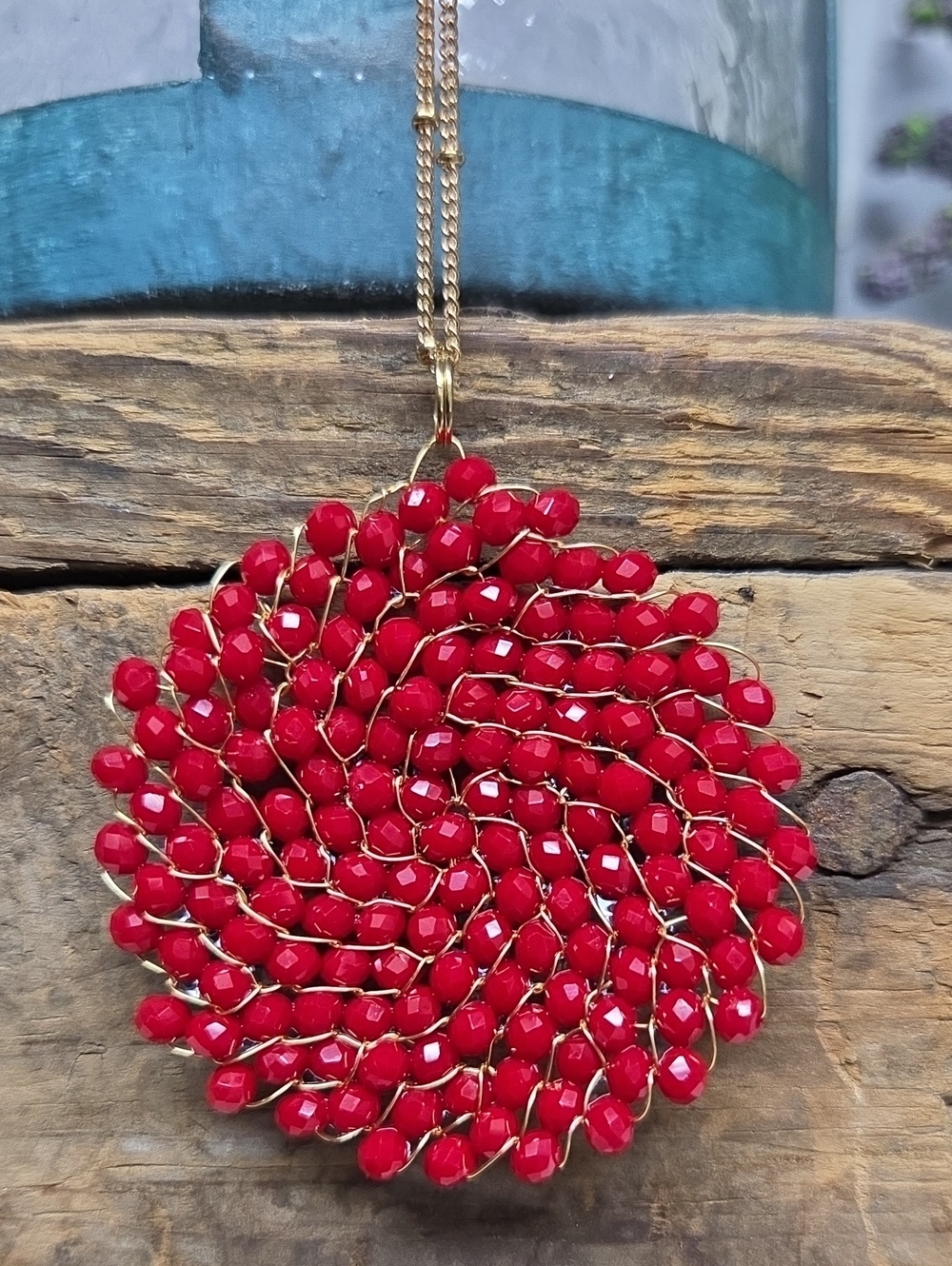 Niumike Boho Red Beaded Crystal Disc Pendant Long Necklace Gold Chain